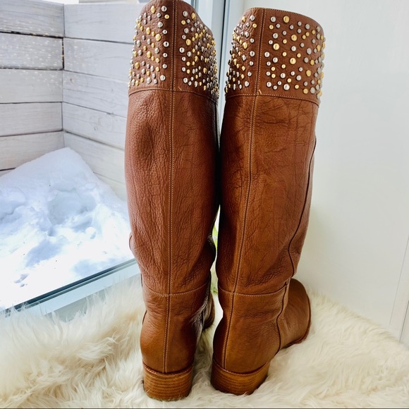CASADEI Brown Leather Bling Knee High Riding Boots - Picture 10 of 16